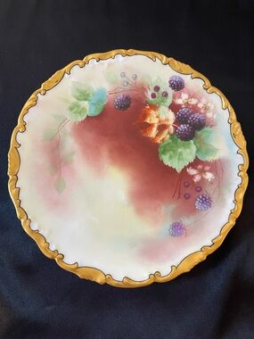 Limoges Gold-Rimmed Plate with Purple Blackberries and Green Leaves